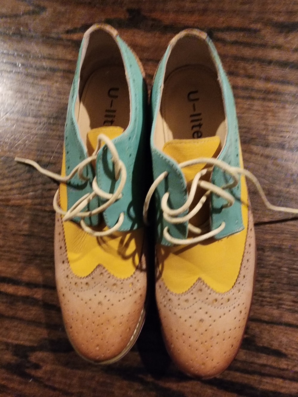 Women's Three-Tone Brogue Oxfords in Yellow, Teal and Tan